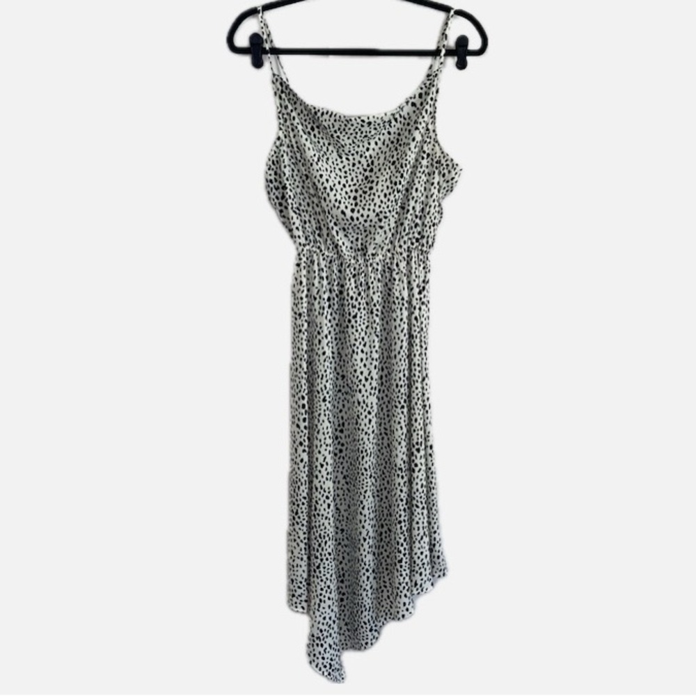 Small Black and White Dress with stretch waist band, high low bottom, scoop neck